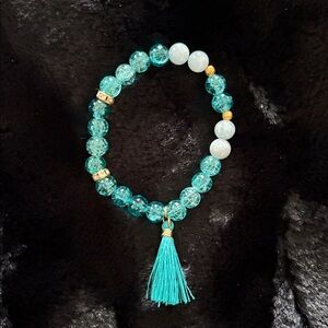 Blue Beaded Bracelet with Natural Jade Accents and Matching Tassel